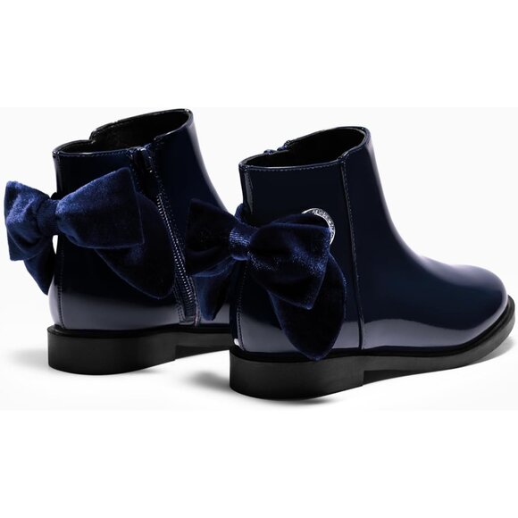 ⚡Girls Navy Blue Faux Leather Ankle Bow Chunky Low Heel Side Zipper Dress Boot - Picture 3 of 6